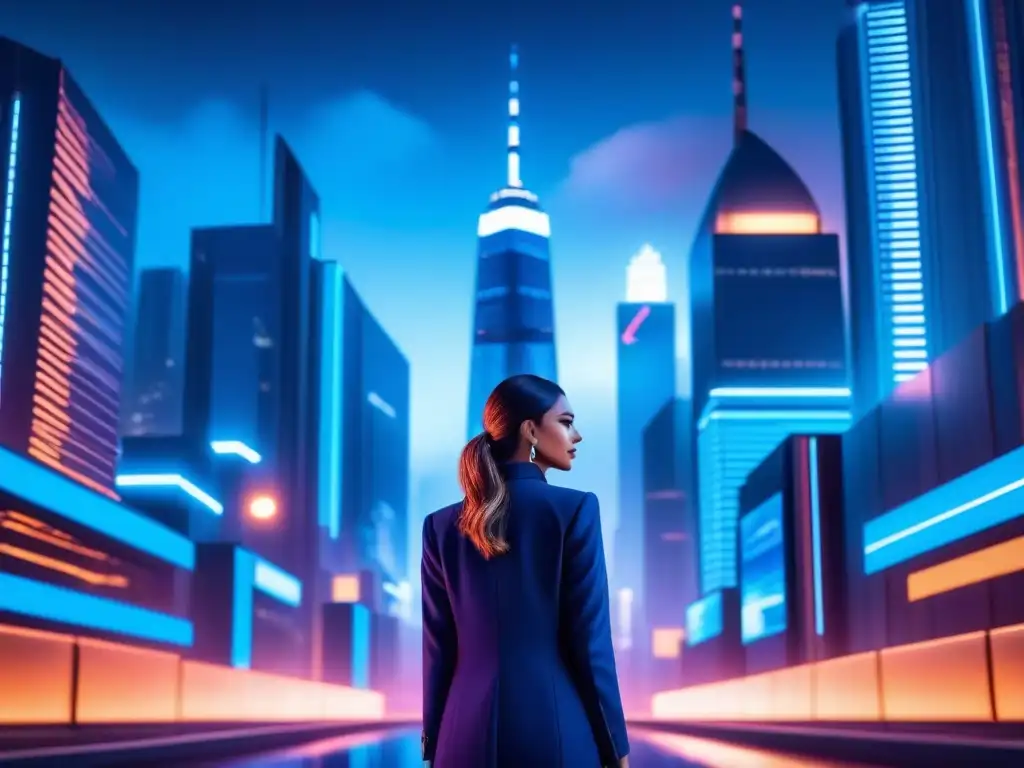 Metrópolis futurista: innovación empresarial con IA avanzada Vibrante ciudad futurista nocturna con inteligencia artificial empresarial integrada en operaciones, iluminando rascacielos