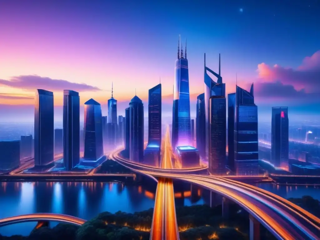 Vibrante ciudad futurista al anochecer, con rascacielos iluminados y carreteras brillantes