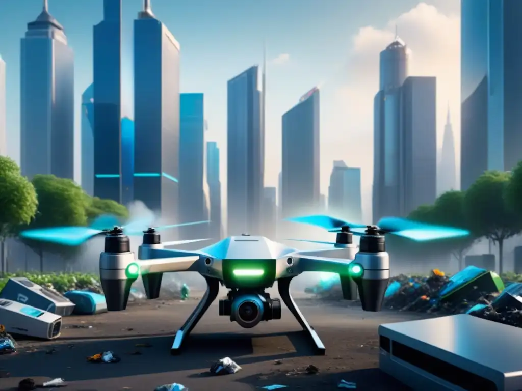 Vibrante ciudad del futuro con drones de gestión de residuos, mostrando la armonía entre tecnología y naturaleza