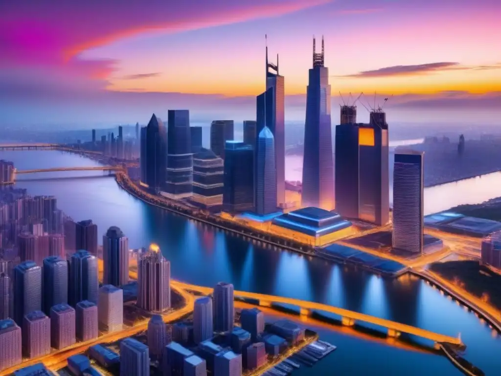 Vibrante ciudad moderna al atardecer con rascacielos iluminados y río tranquilo, reflejando luces