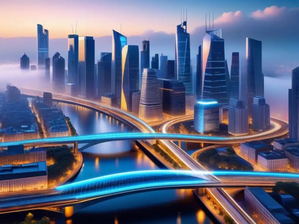Vibrante ciudad nocturna con sistemas inteligentes en infraestructura urbana