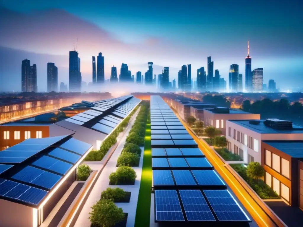 Ciudad Futurista: Integración de Tecnología Verde Vibrante ciudad nocturna con tecnología verde en edificios, paneles solares y vehículos eléctricos