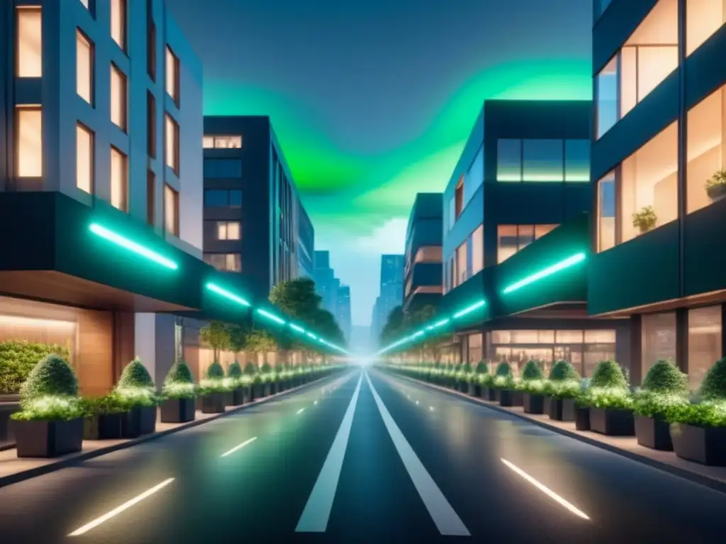 Metrópolis nocturna: eficiencia y sostenibilidad luminosa urbana Vibrante ciudad nocturna con tecnología verde, seguridad urbana y sostenibilidad