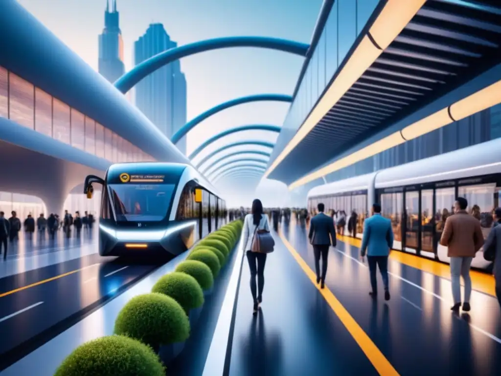 Vibrante imagen 8k de un futurista centro de transporte urbano con infraestructura inteligente para transporte sostenible