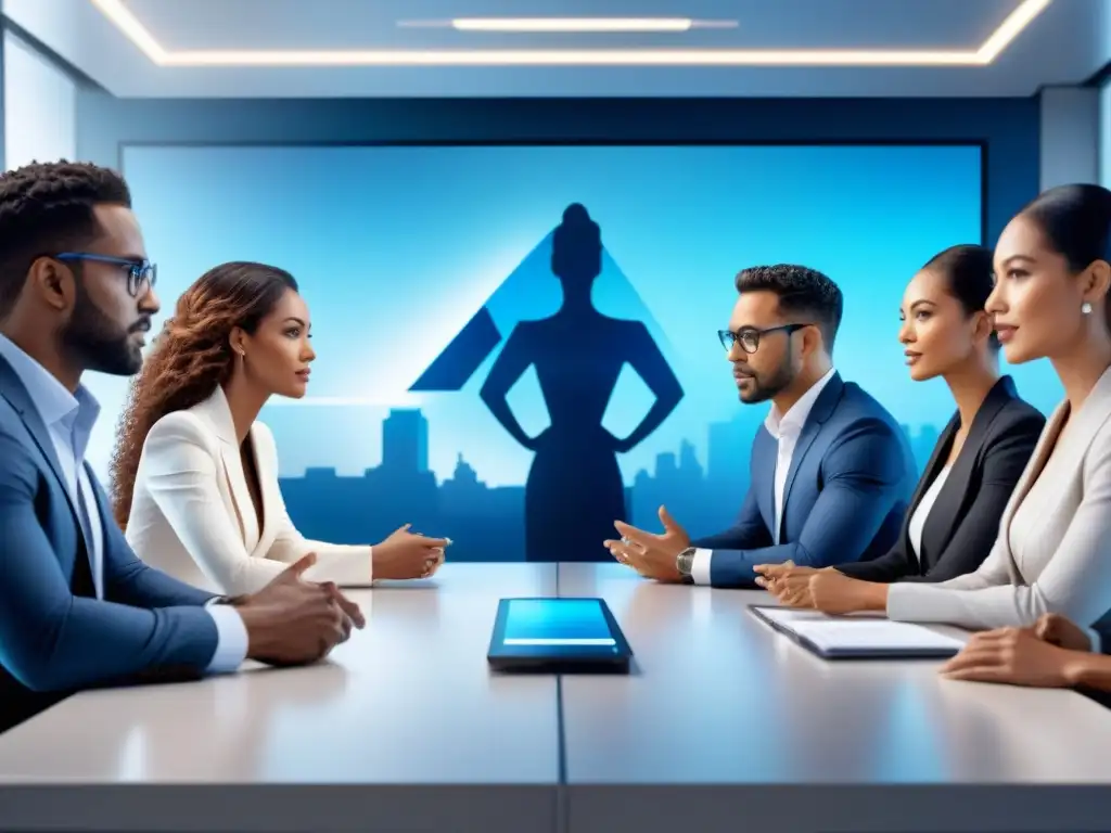 Inversores y emprendedores en mesa de reuniones tech Un vibrante pitch ganador para inversores tecnológicos en una sala de juntas moderna y sofisticada, con diversidad y colaboración