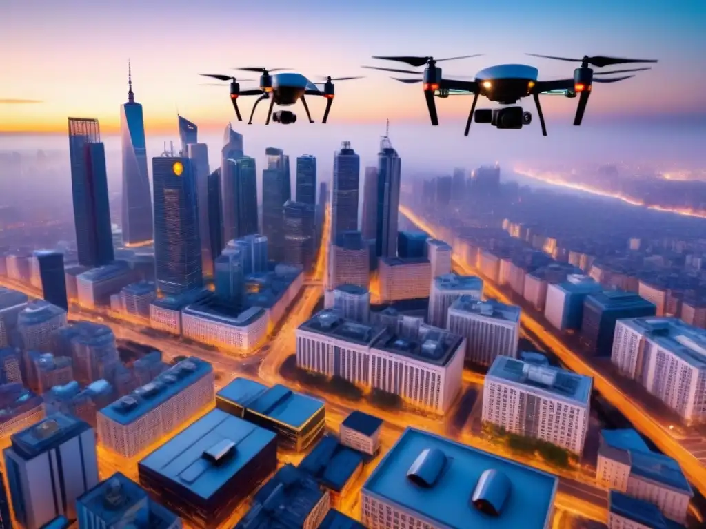 Vigilancia urbana futurista: Drones de distintos tamaños patrullan la ciudad al anochecer, cumpliendo regulaciones
