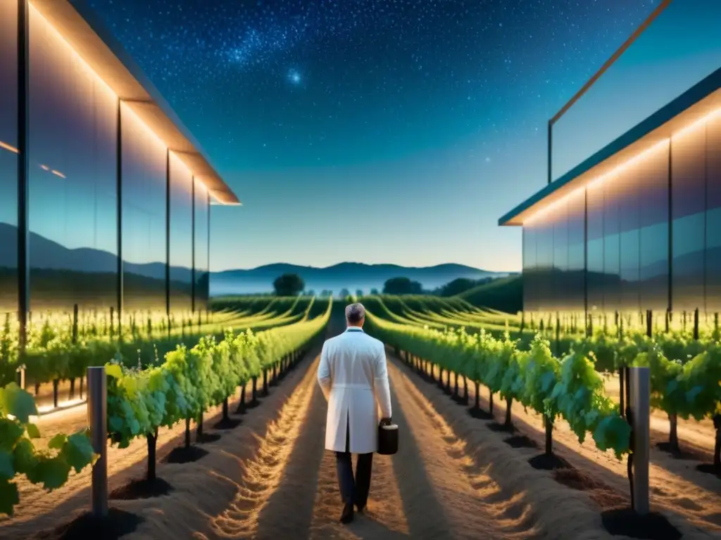 Un viñedo futurista con uvas modificadas genéticamente brillando en tonos diferentes bajo un cielo estrellado