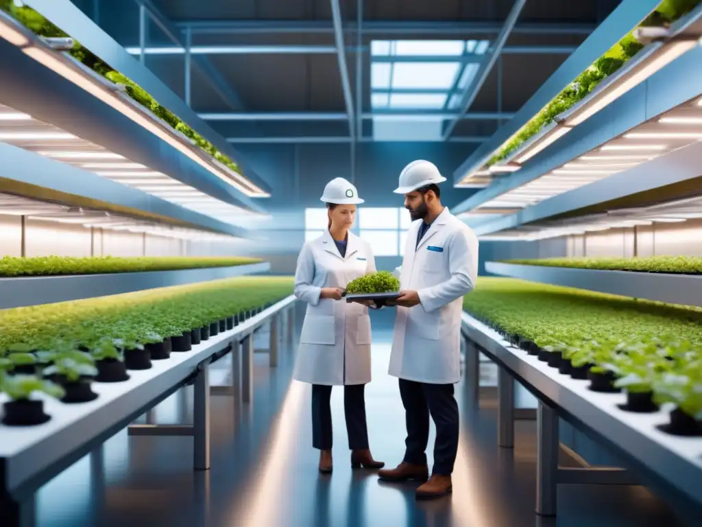 Una visión futurista de Alimentos del futuro sostenibles: tecnología avanzada y prácticas ecológicas en una instalación de producción alimentaria
