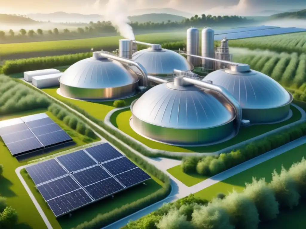 Una visión futurista de una biorefinería sustentable rodeada de vegetación, con tecnología avanzada y energías renovables integradas en el paisaje