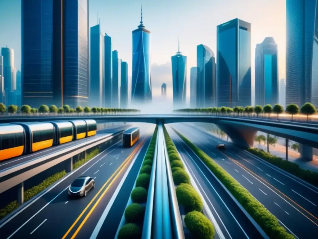 Una visión futurista de una ciudad inteligente con infraestructura sostenible, destacando el transporte ecoamigable
