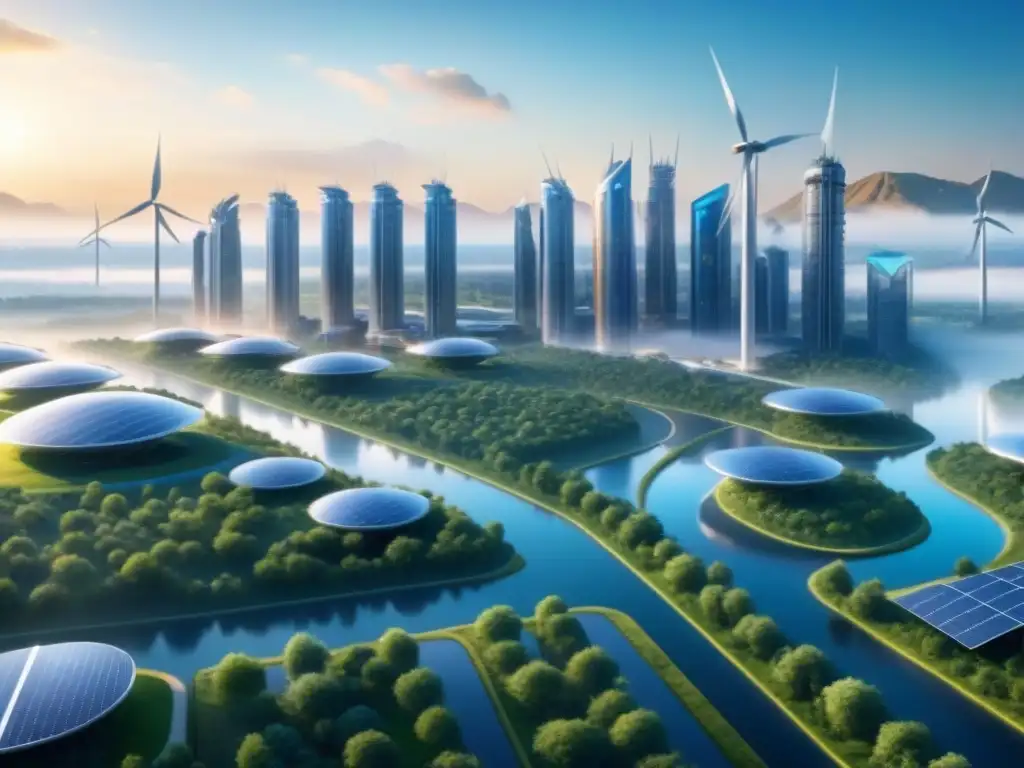 Una visión futurista de una ciudad sostenible con energías renovables rentables