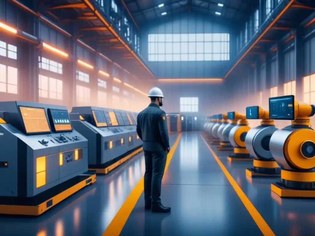 Escenario industrial futurista con sensores integrados Una visión futurista de una fábrica con sensores integrados, robots avanzados y una red de datos