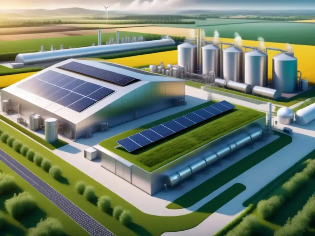 Una visión futurista de una innovadora biorefinería rodeada de campos verdes y energías renovables