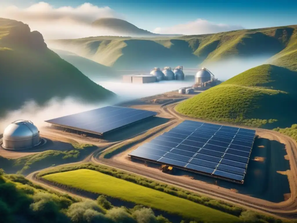 Una visión futurista de una instalación minera integrada en un paisaje verde, símbolo de armonía entre progreso industrial y sostenibilidad ambiental
