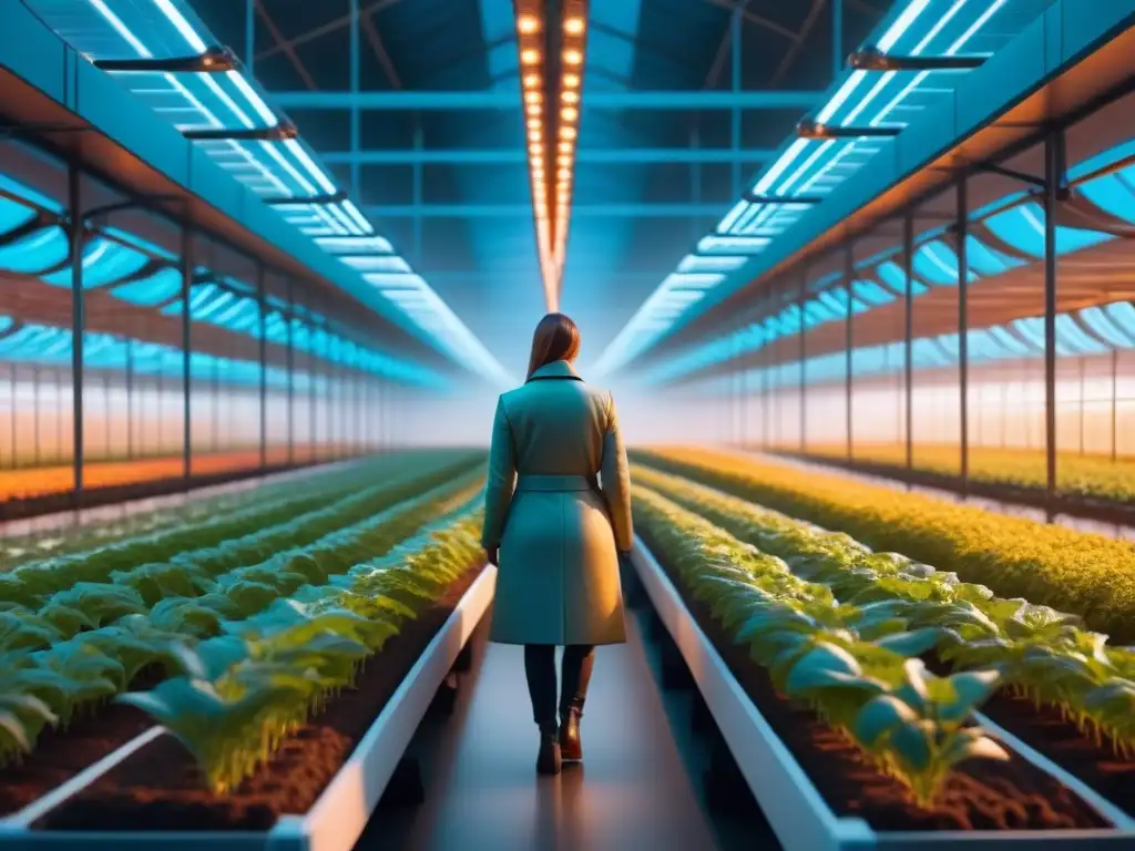 Una visión futurista de una invernadero automatizado y lleno de cultivos bajo luces LED, ilustrando la Agricultura inteligente con Big Data