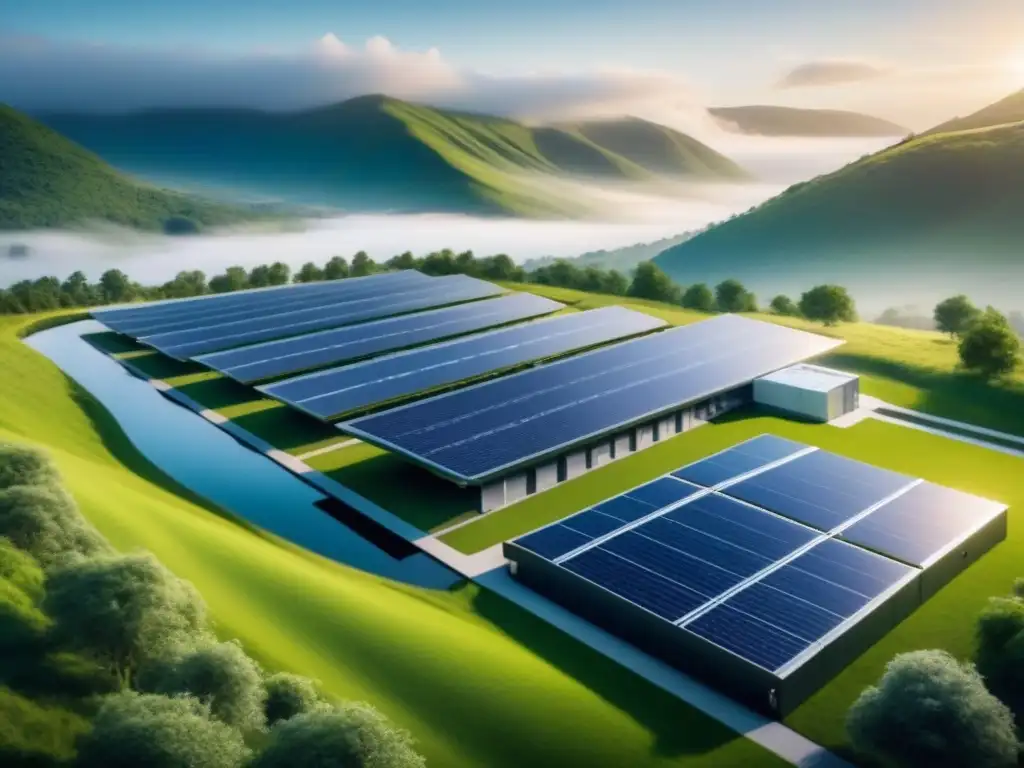 Una visión futurista: moderna instalación de almacenamiento de energía entre un paisaje verde y sereno, con tecnología eco