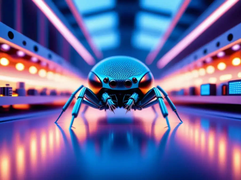 Una visión futurista: nanorobots en fabricación dispositivos electrónicos en una sala limpia iluminada de azul