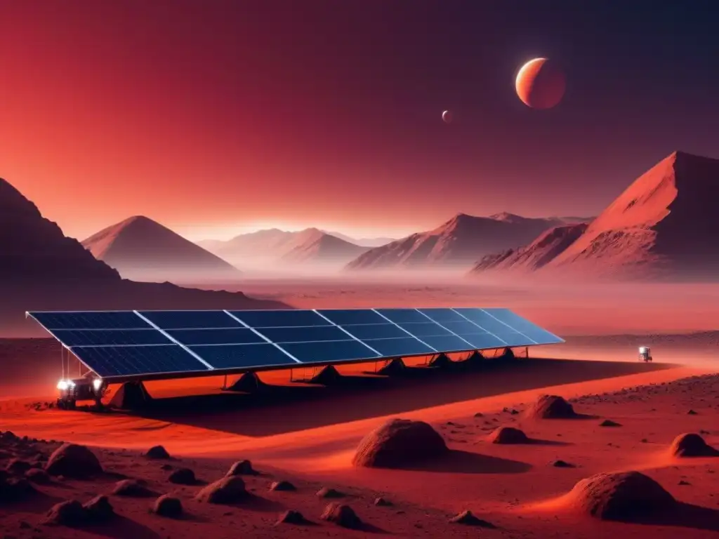 Una visión futurista de paneles solares en Marte, captando energía renovable para colonizar el planeta