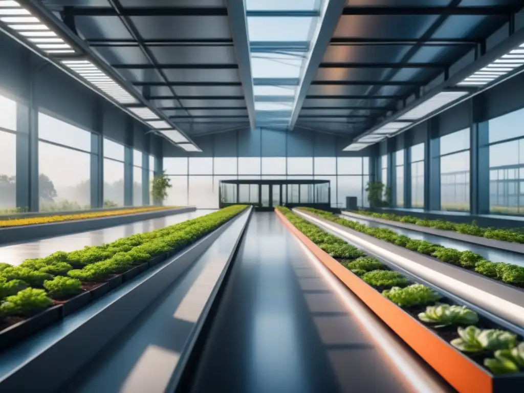 Una visión futurista de una planta industrial moderna con paneles solares y trabajadores en uniformes ecológicos