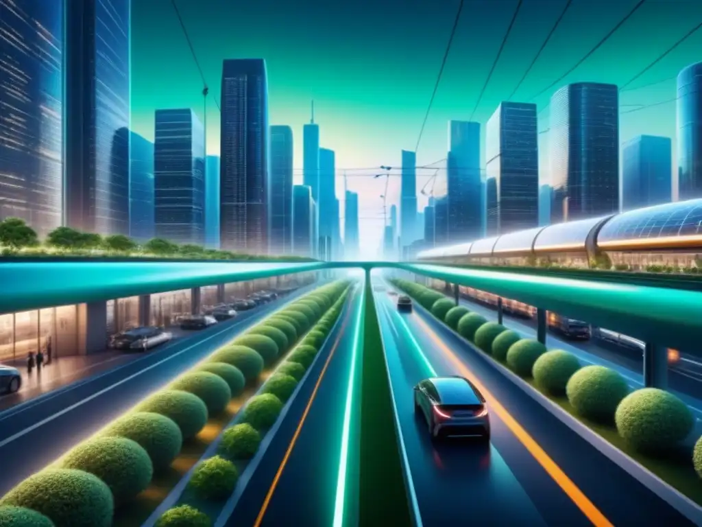 Una visión futurista de redes eléctricas inteligentes conectadas con transporte sostenible