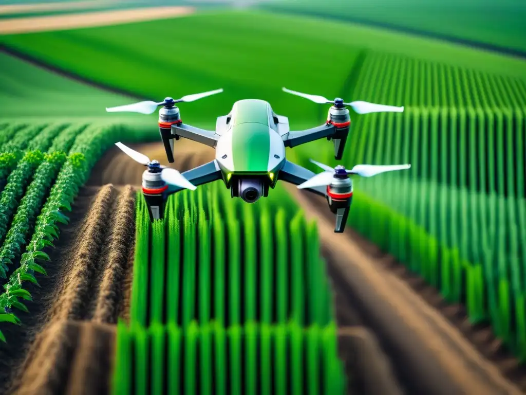 Una visión futurista de agricultura de precisión sostenible con drones y maquinaria robótica en un campo avanzado