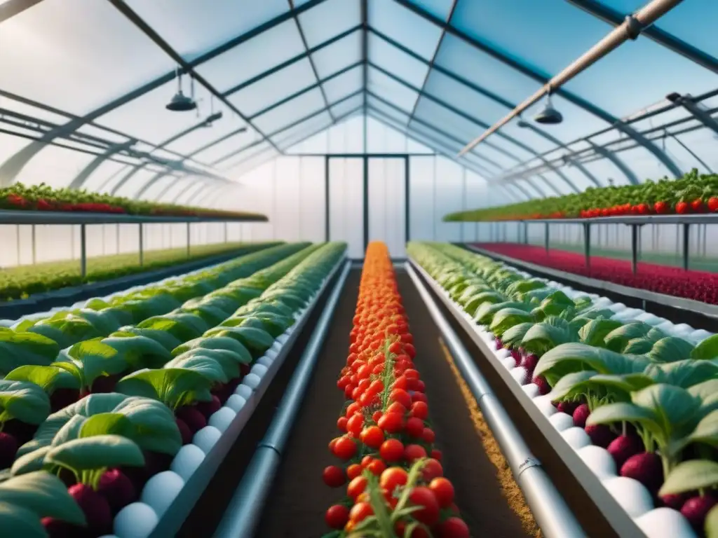 Una visión de futuro: invernadero futurista con cultivos vibrantes, robots y supercomputación en agricultura sostenible