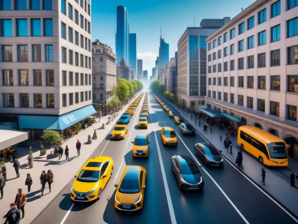 Vista aérea de una bulliciosa calle de la ciudad con edificios alineados y personas de diversas edades y etnias caminando