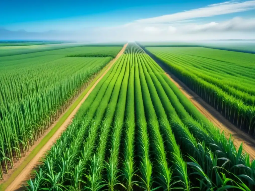 Vista aérea de una plantación de caña de azúcar verde exuberante bajo cielo azul