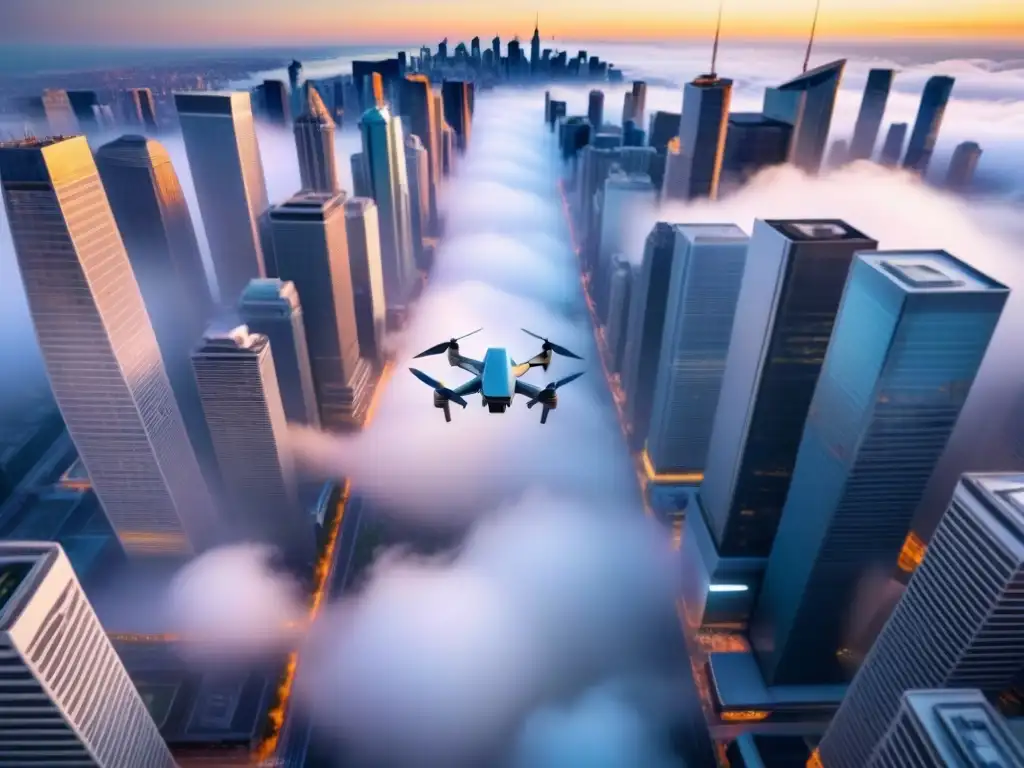 Vista aérea de una ciudad bulliciosa con drones comerciales compitiendo entre rascacielos