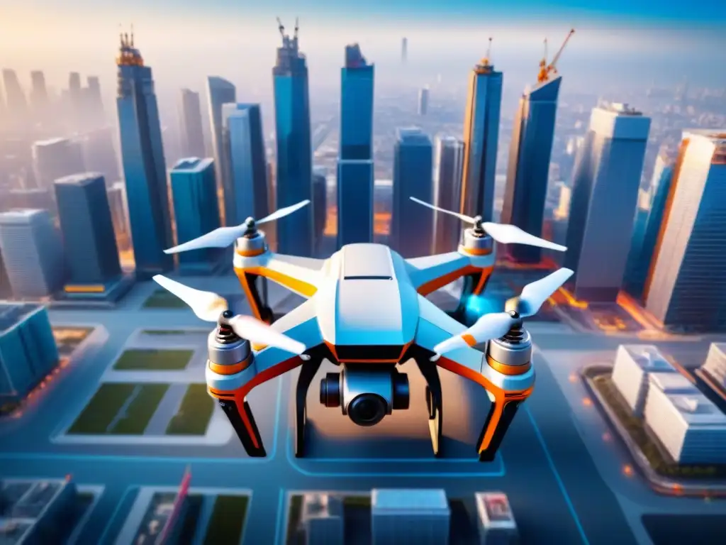 Vista aérea de la ciudad moderna con drones capturando imágenes de edificios y obras, mostrando los beneficios drones en sector inmobiliario