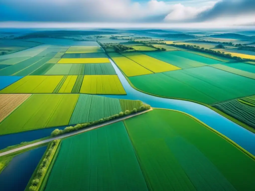 Vista aérea detallada de campos agrícolas, ríos y carreteras capturada con sensores remotos