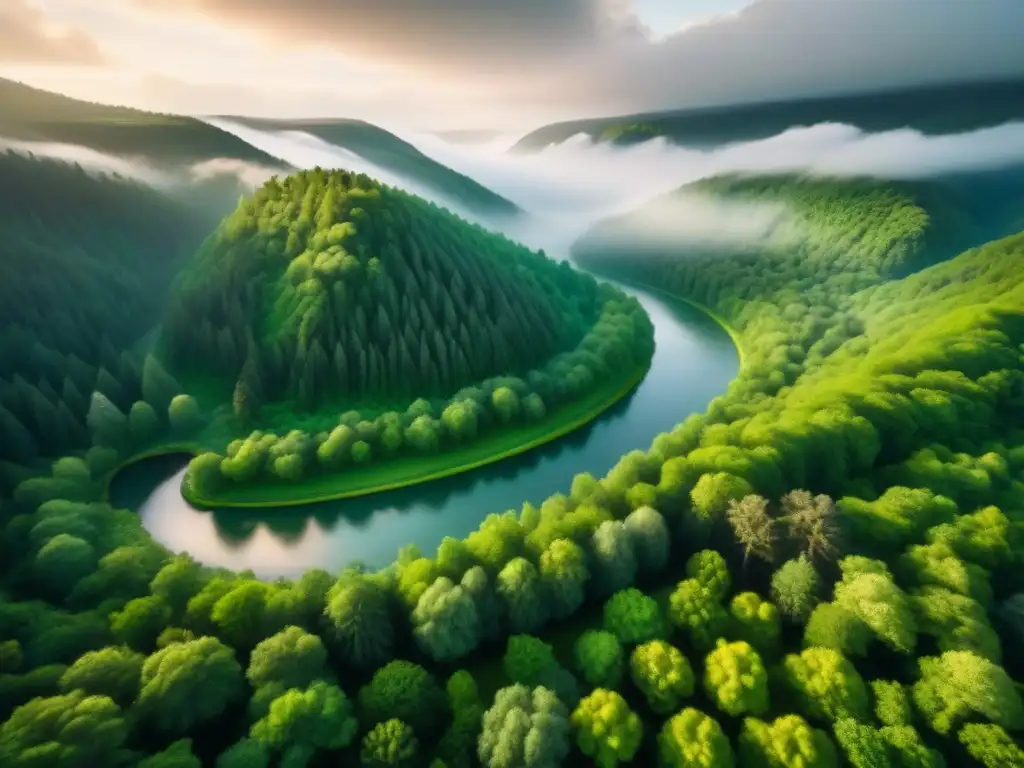 Vista aérea detallada de un extenso bosque verde con un río serpenteante, mostrando la riqueza natural