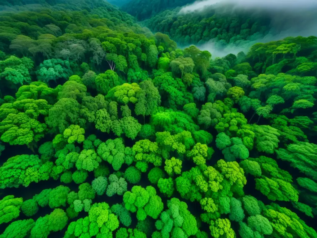 Vista aérea detallada de un exuberante dosel de selva tropical, destacando la complejidad y belleza de los ecosistemas