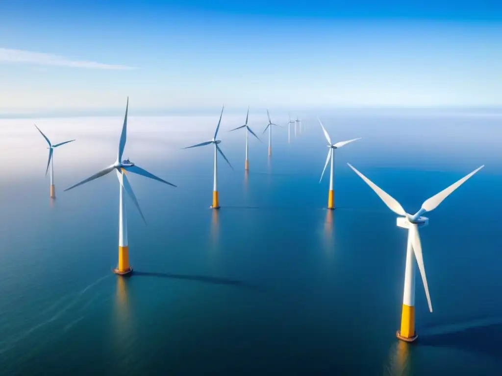 Vista aérea impresionante de un extenso parque eólico marino, con turbinas blancas alineadas creando un patrón hipnotizante