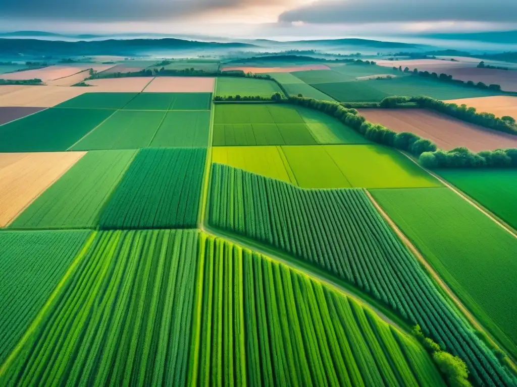 Una vista aérea impresionante de un extenso paisaje rural, con campos perfectamente geométricos en diferentes tonos de verde