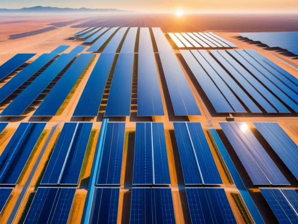 Vista aérea impresionante de granja solar en desierto