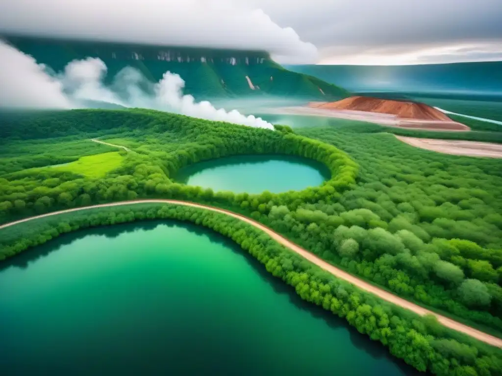 Vista aérea impresionante de mina reconvertida en paisaje verde por certificaciones minería sostenible prácticas responsables