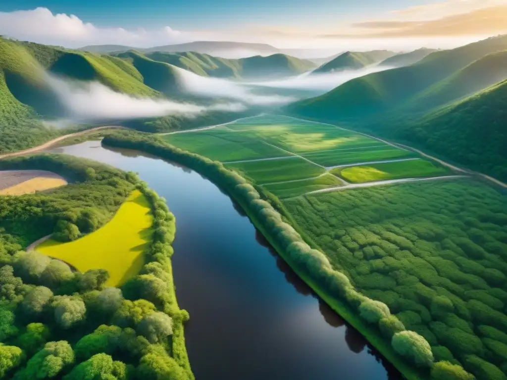 Reclamación minera: armonía entre industria y naturaleza Vista aérea impresionante de un sitio minero recuperado, integrando estructuras industriales con biodiversidad y conservación