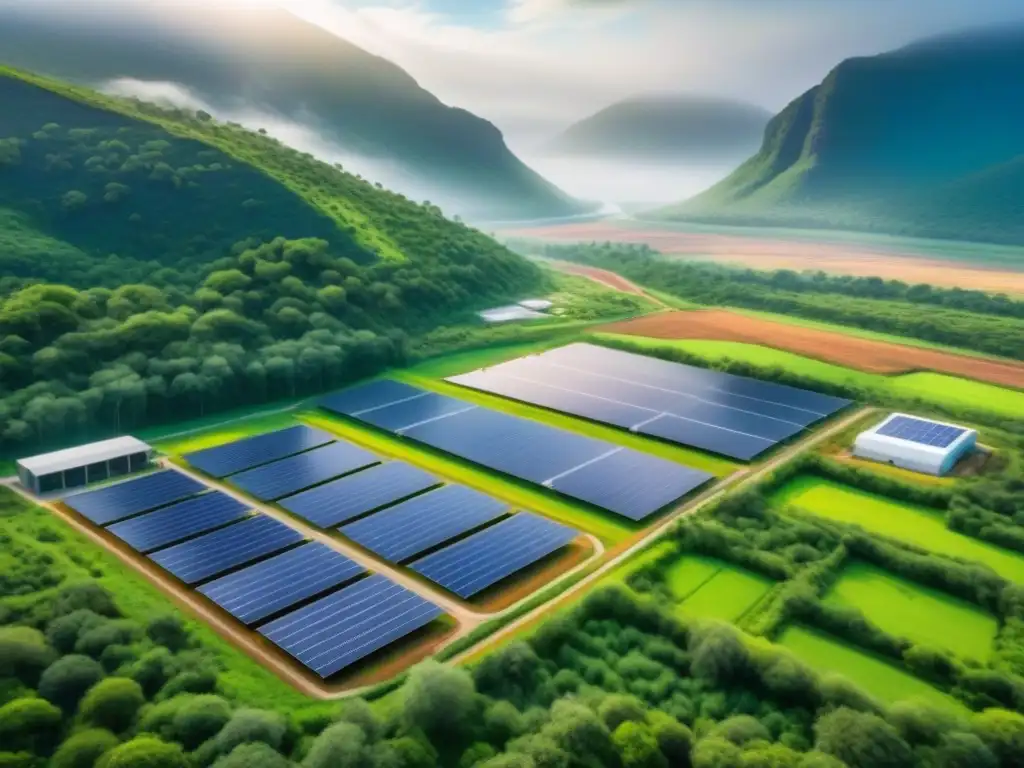 Vista aérea impresionante de un sitio minero moderno en un paisaje verde, con paneles solares y reciclaje de agua