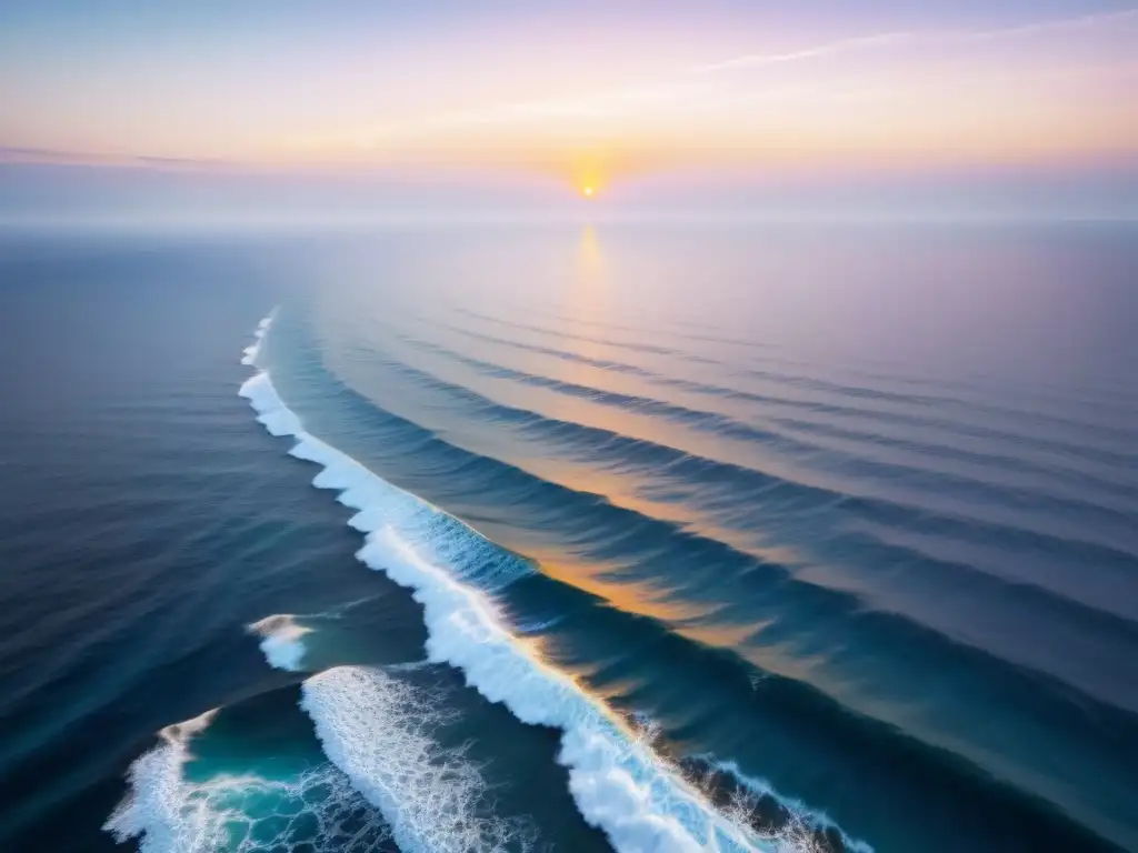 Vista aérea de un vasto océano azul, con ondas suaves y un atardecer cálido