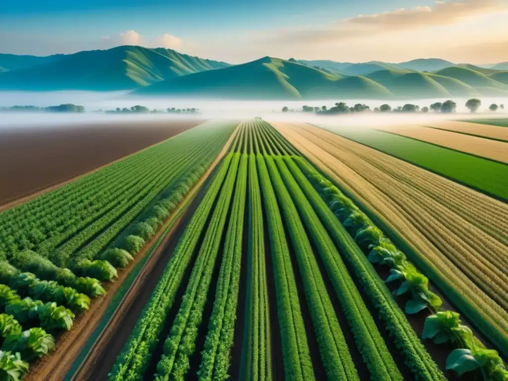 Una vista en 8K de un campo agrícola futurista, drones monitorean cultivos en Agricultura de precisión sustentable