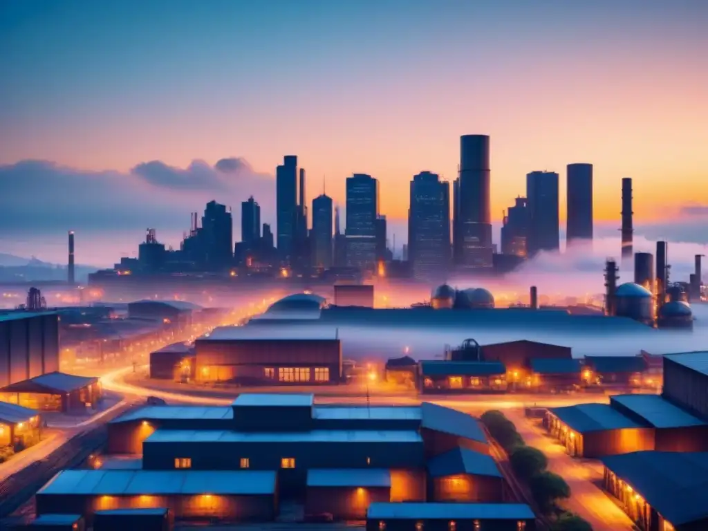 Skyline industrial: fusión SEO en la era digital Vista de la ciudad al atardecer con fábricas e iconos SEO, fusionando lo industrial con la estrategia SEO para panorama industrial