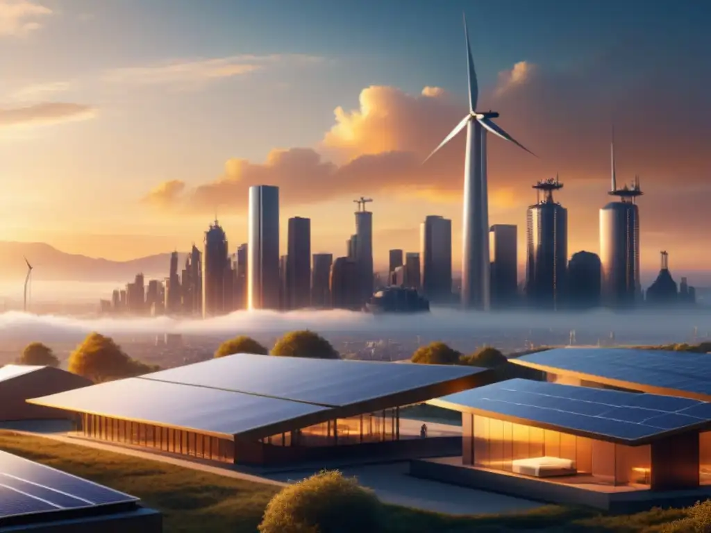 Vista de ciudad futurista al atardecer, destacando la importancia de la diversificación energética para resiliencia