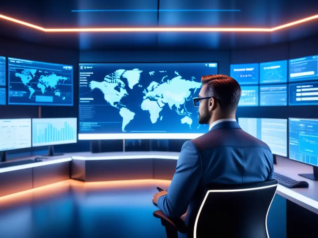 Vista detallada de centro de ciberseguridad moderno, con experto analizando datos en interfaz digital