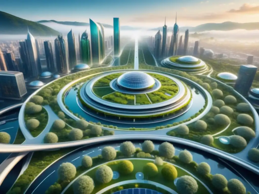 Vista detallada de una ciudad futurista con diseño sostenible y símbolos de modelo de negocio circular integrados en la arquitectura