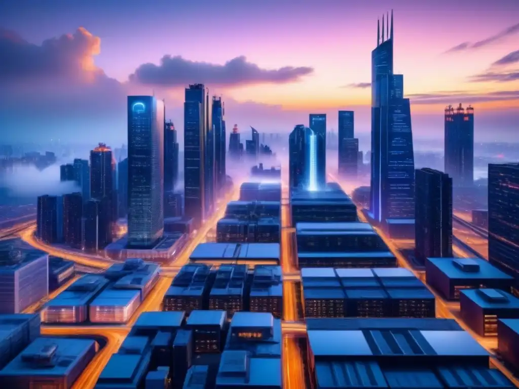 Vista detallada de una ciudad industrial futurista al anochecer, con rascacielos iluminados y tecnología avanzada