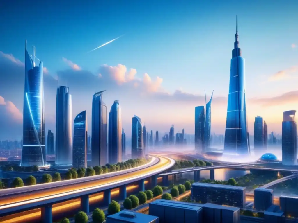 Vista detallada de una ciudad inteligente con infraestructura de transporte sostenible