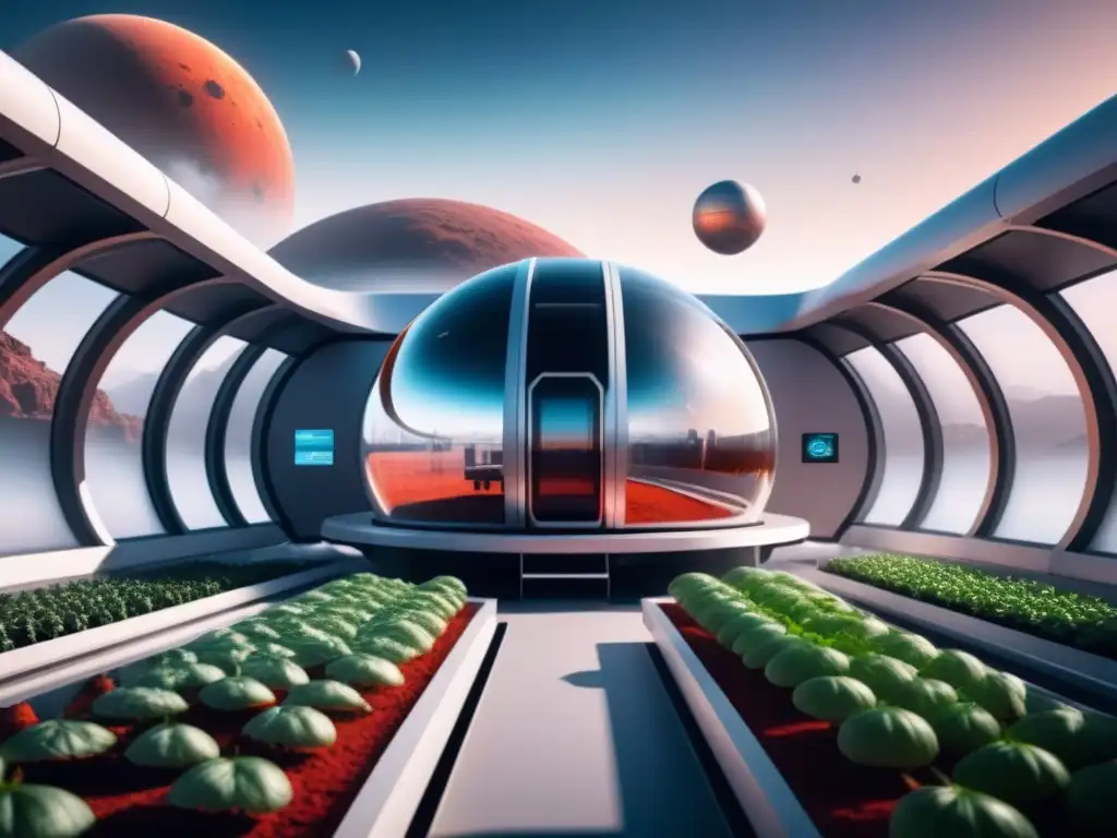 Vista detallada de estación espacial futurista en órbita de planeta rojo, con cúpulas de cultivo hidropónico