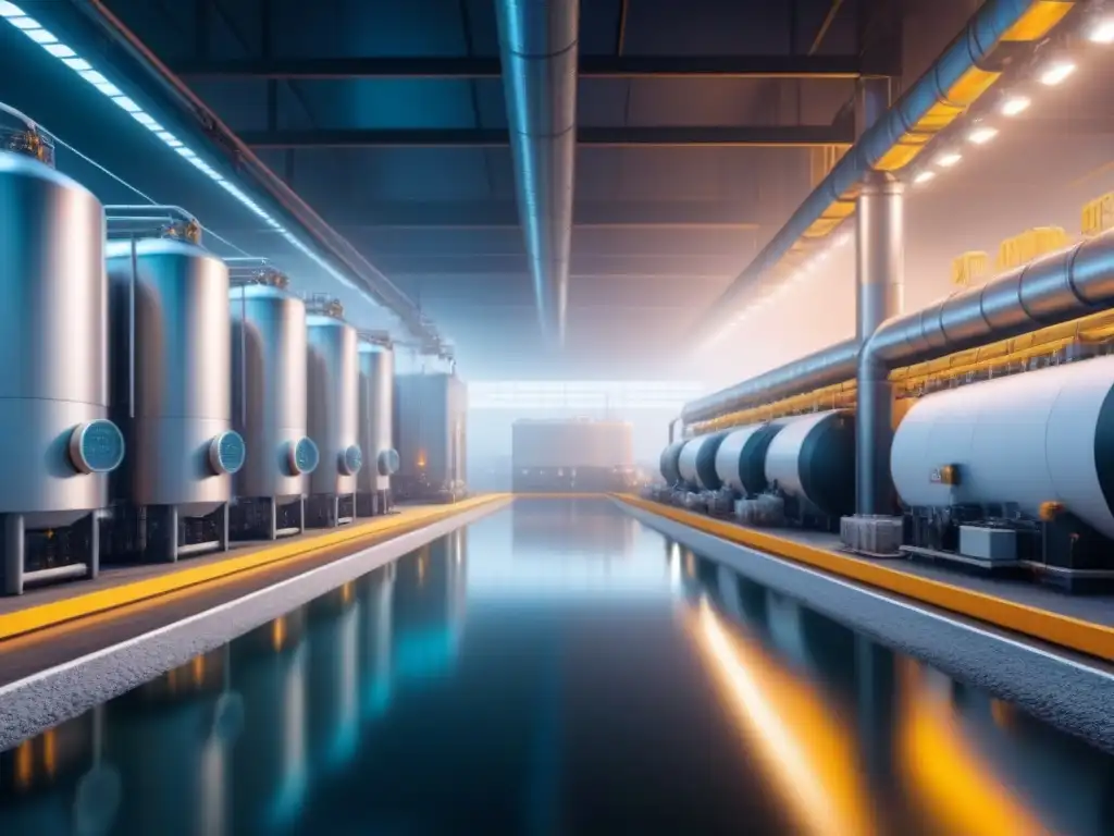 Factory futurista con tecnología IoT para gestión del agua Vista detallada de fábrica futurista con IoT para optimización recursos hídricos en 8K