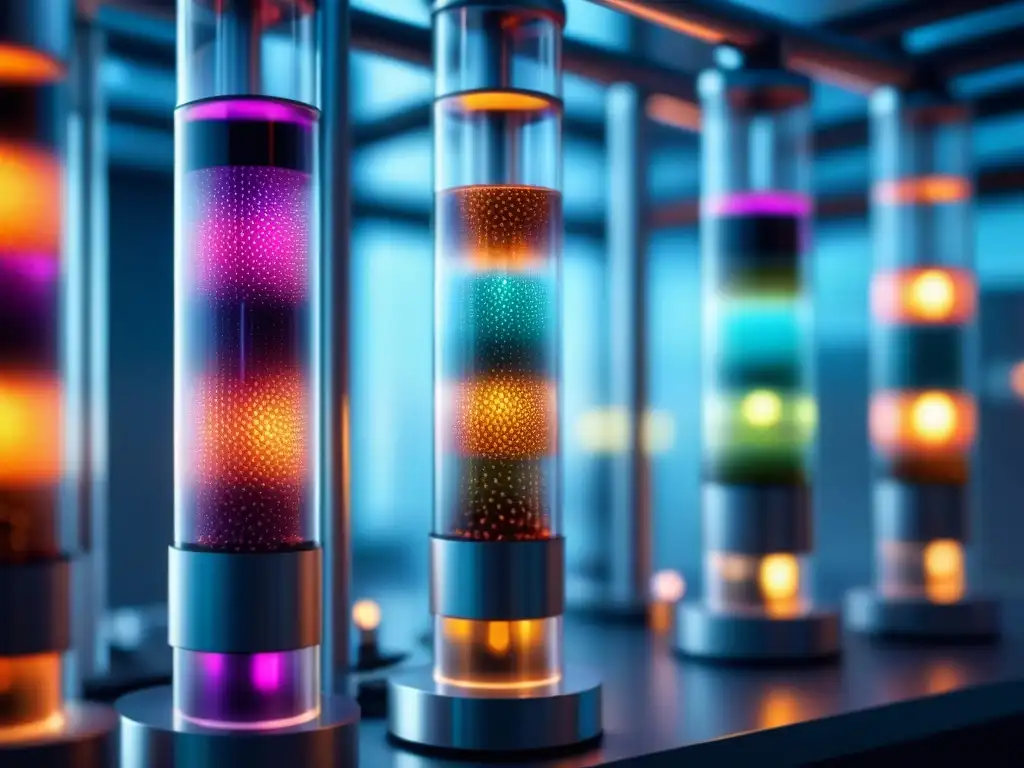 Vista detallada de bioreactor futurista con redes de tubos transparentes y biofluidos coloridos